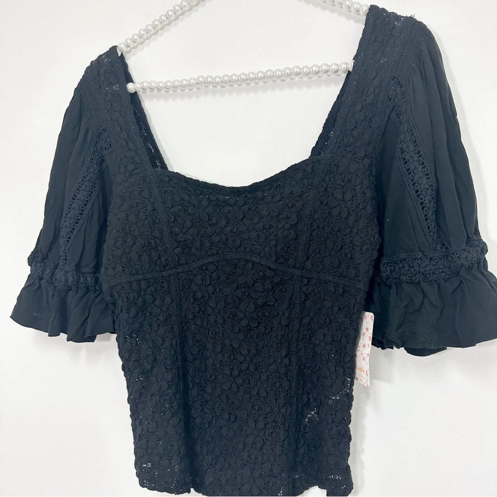 Free People Spring Fling Lace Short Sleeve Top in Black - Picture 4 of 6